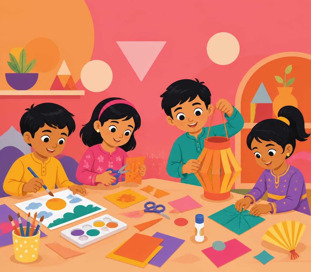 Children doing arts and crafts activities with paper and colors