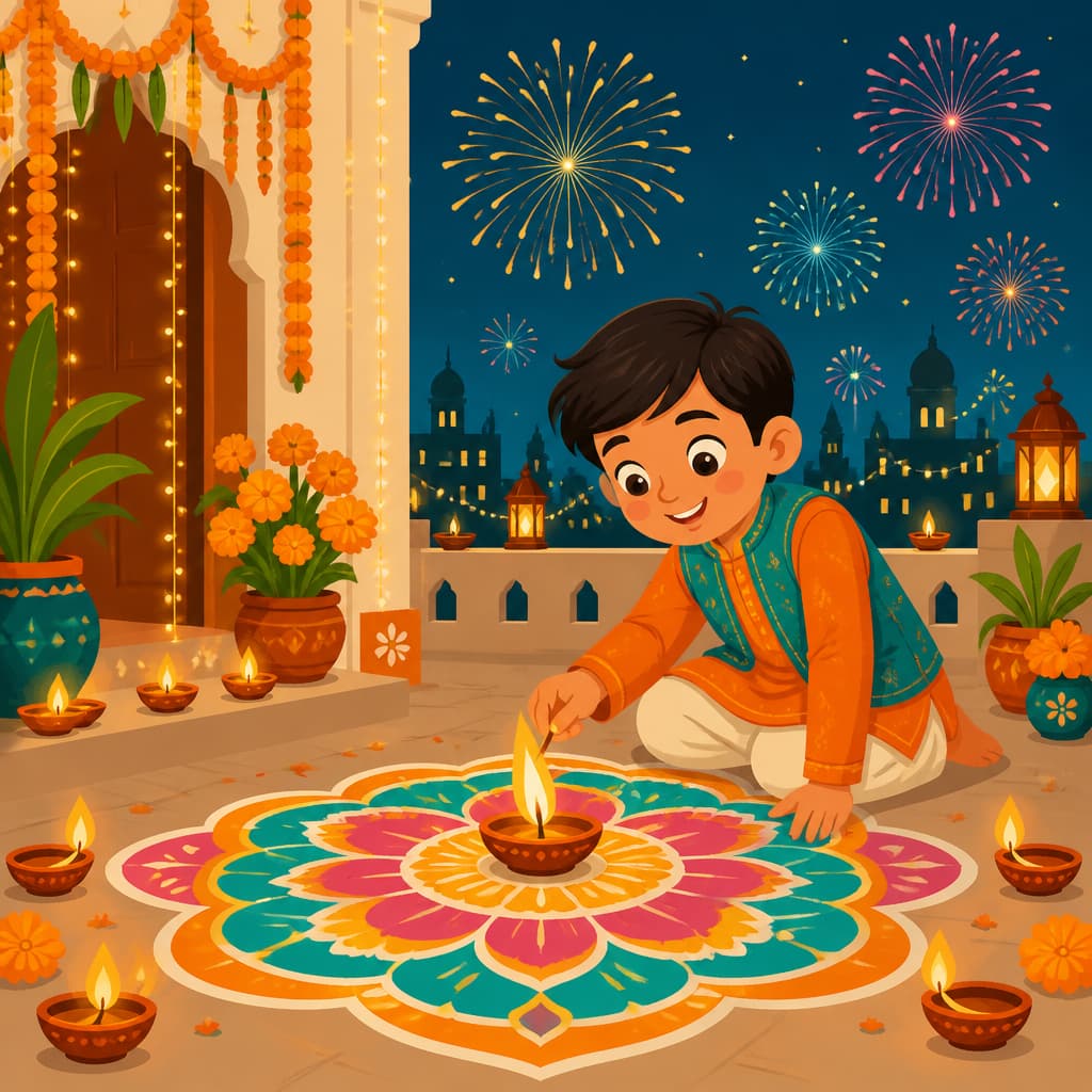 Indian child celebrating Diwali with diyas and rangoli