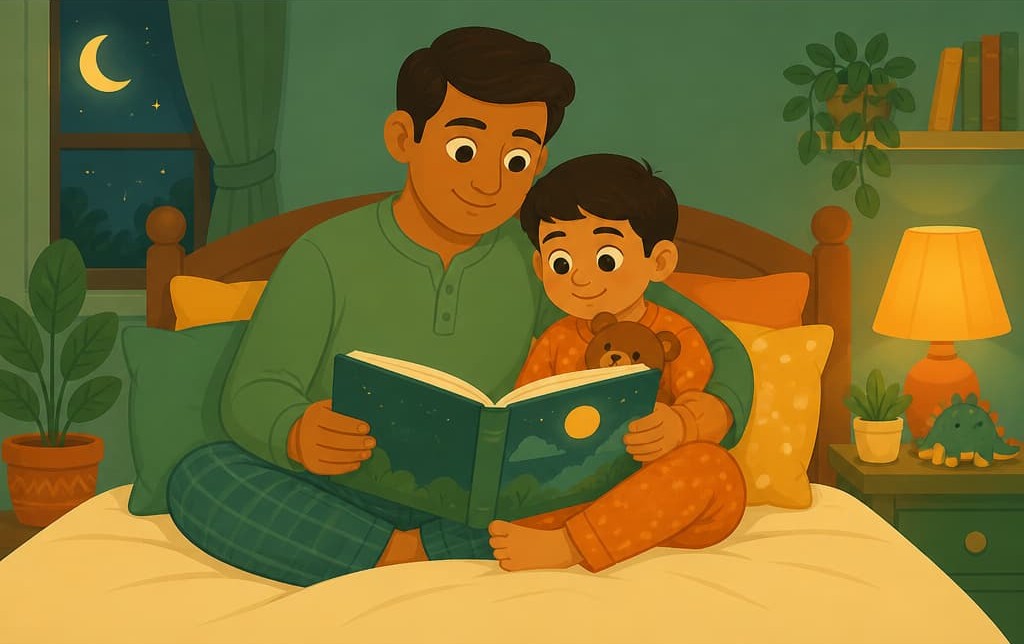 Parents reading stories and spending quality time with children