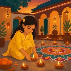 Indian girl lighting diyas โ the story of Diwali for kids illustration