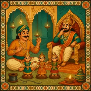 Tenali Raman solving the three dolls puzzle in the royal court โ folk tale illustration for kids